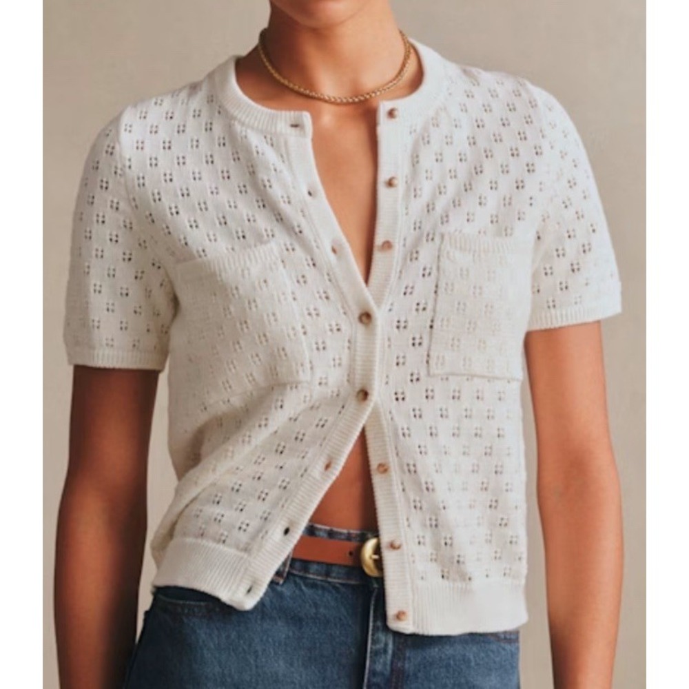 Sezane Women's NANS CARDIGAN Short-Sleeved Organic Cotton White Size S